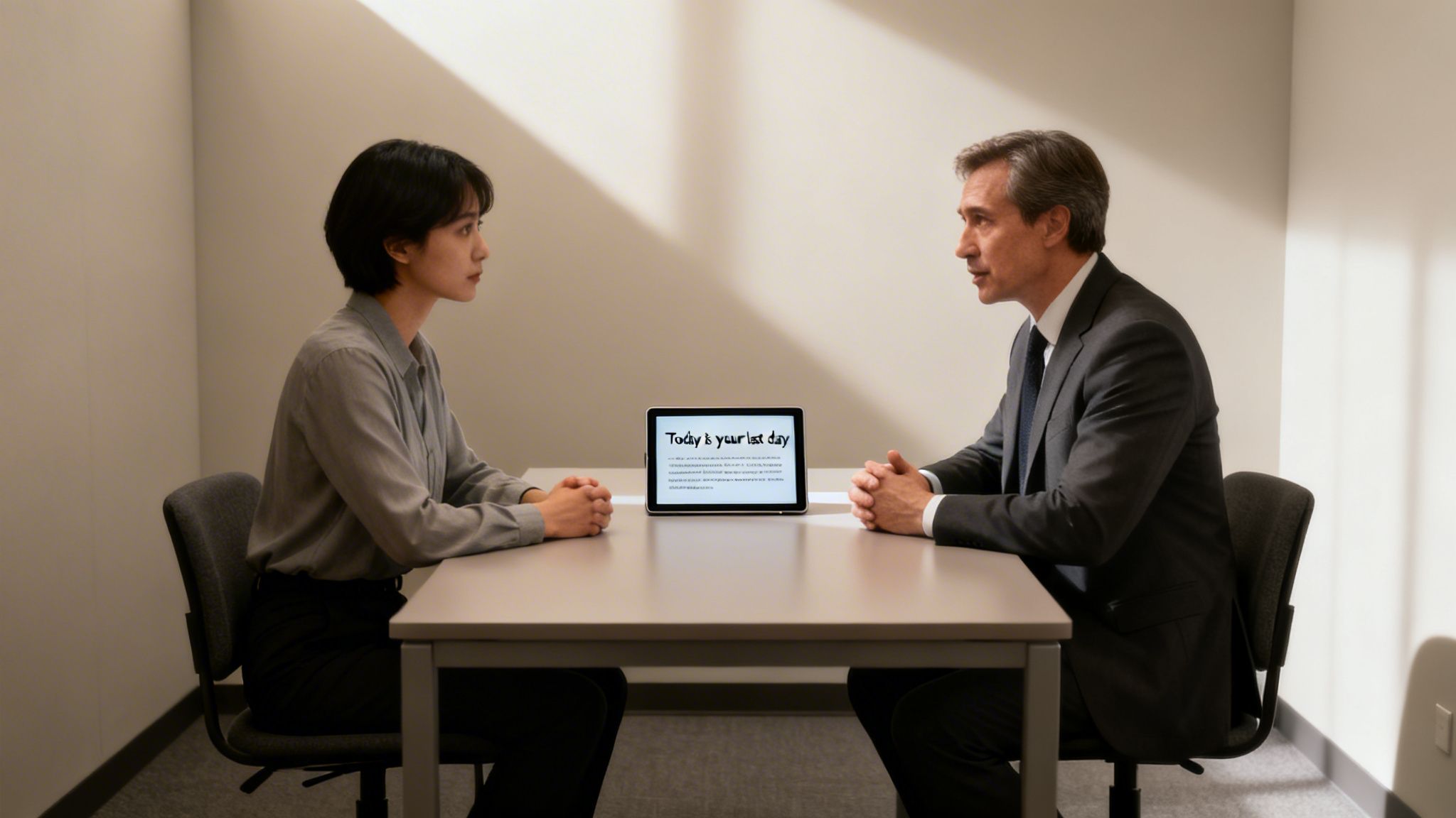 A man and a woman in an office setting, a tablet on the table says 'Today is your last day'.