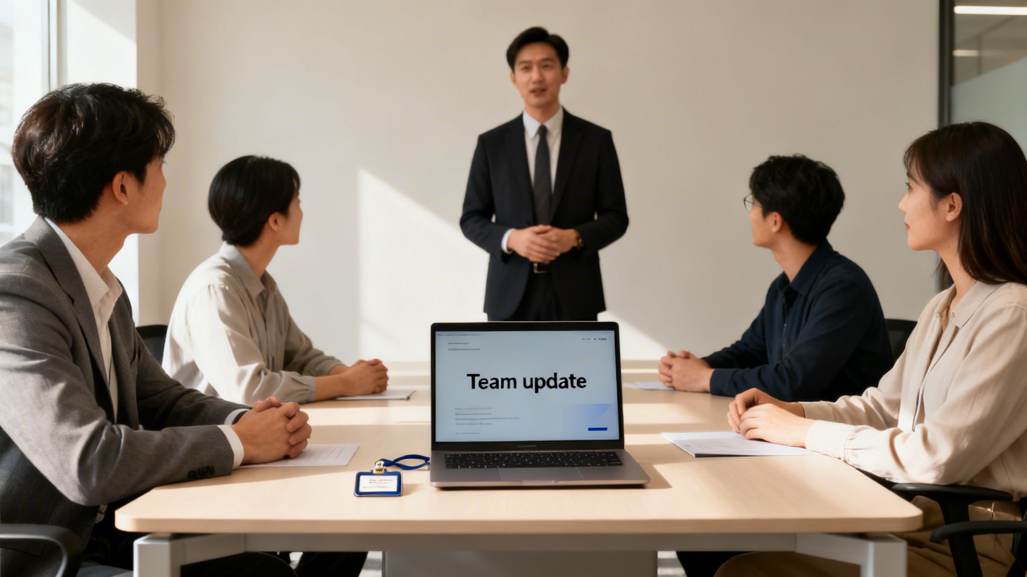 Five professionals in a bright meeting room, one presenting while others listen, with a laptop showing 'Team update'.