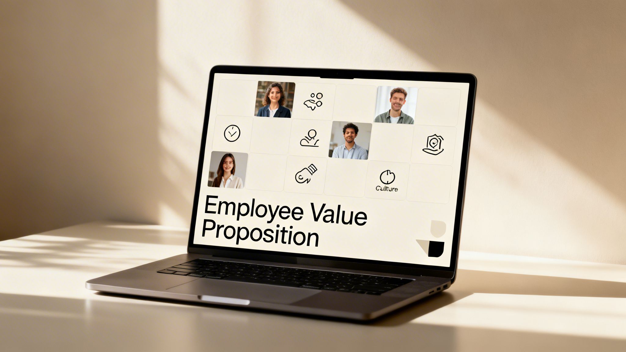 A laptop displays 'Employee Value Proposition' with various icons and employee headshots on a cream background.