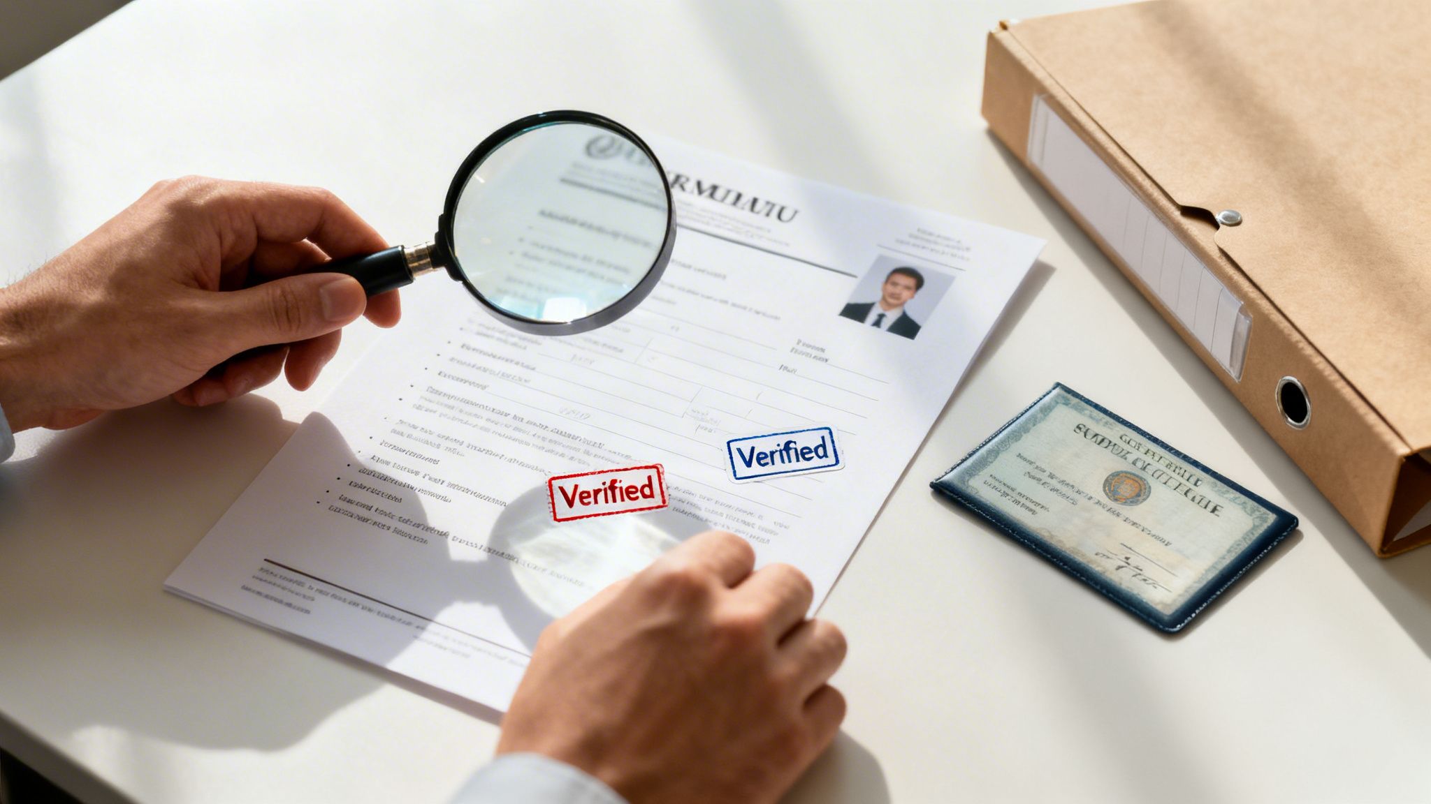 A person uses a magnifying glass to review a document with 'Verified' stamps, next to a binder and certificate.
