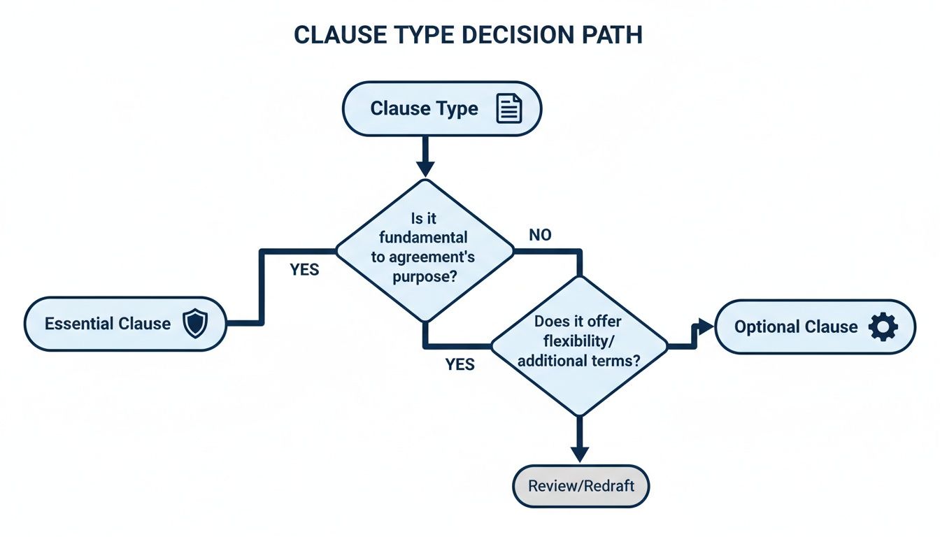 A flowchart illustrating the decision path for classifying clause types as essential, optional, or needing review.