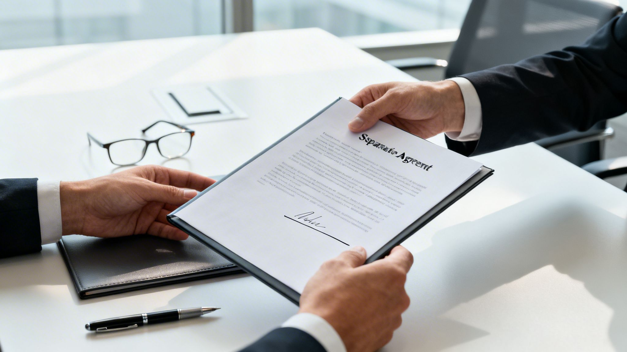 Close-up of two business partners exchanging a signed separation agreement document on a white table.