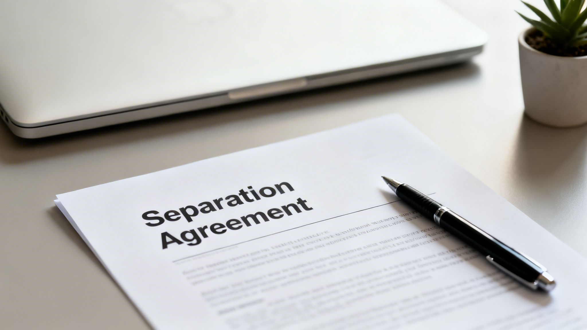 A document titled 'Separation Agreement' with a pen, a laptop, and a plant on a desk.