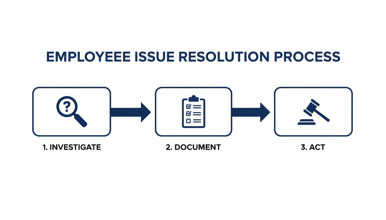 Flowchart detailing the employee issue resolution process, including investigation, documentation, and action steps.