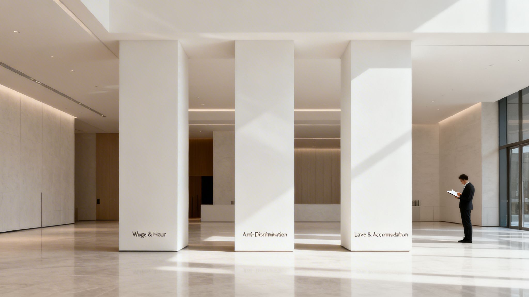 A man reads in a modern office lobby with pillars displaying employment compliance topics.