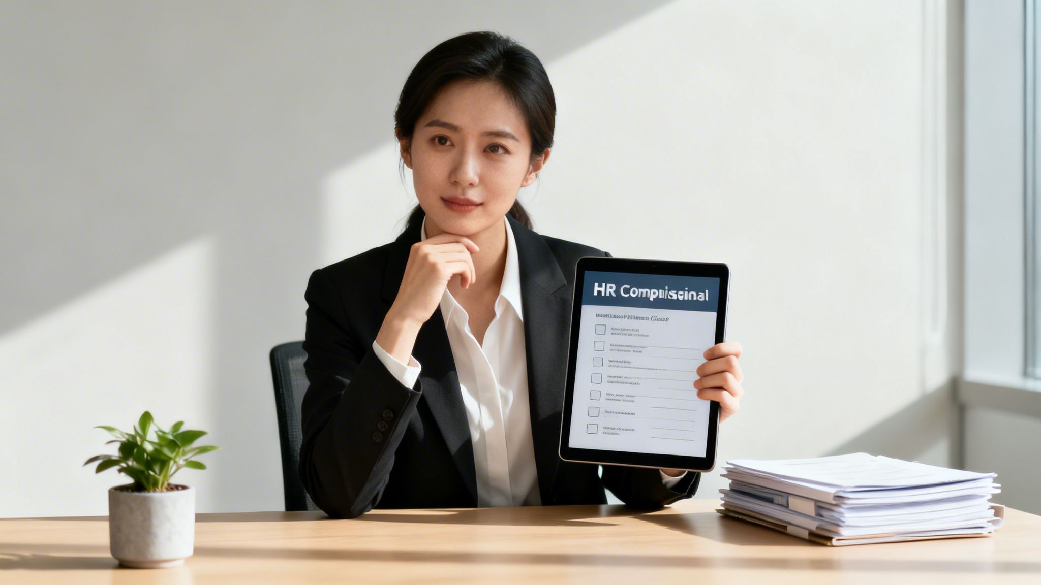A professional Asian businesswoman holds a tablet displaying an HR compliance checklist, sitting at an office desk.