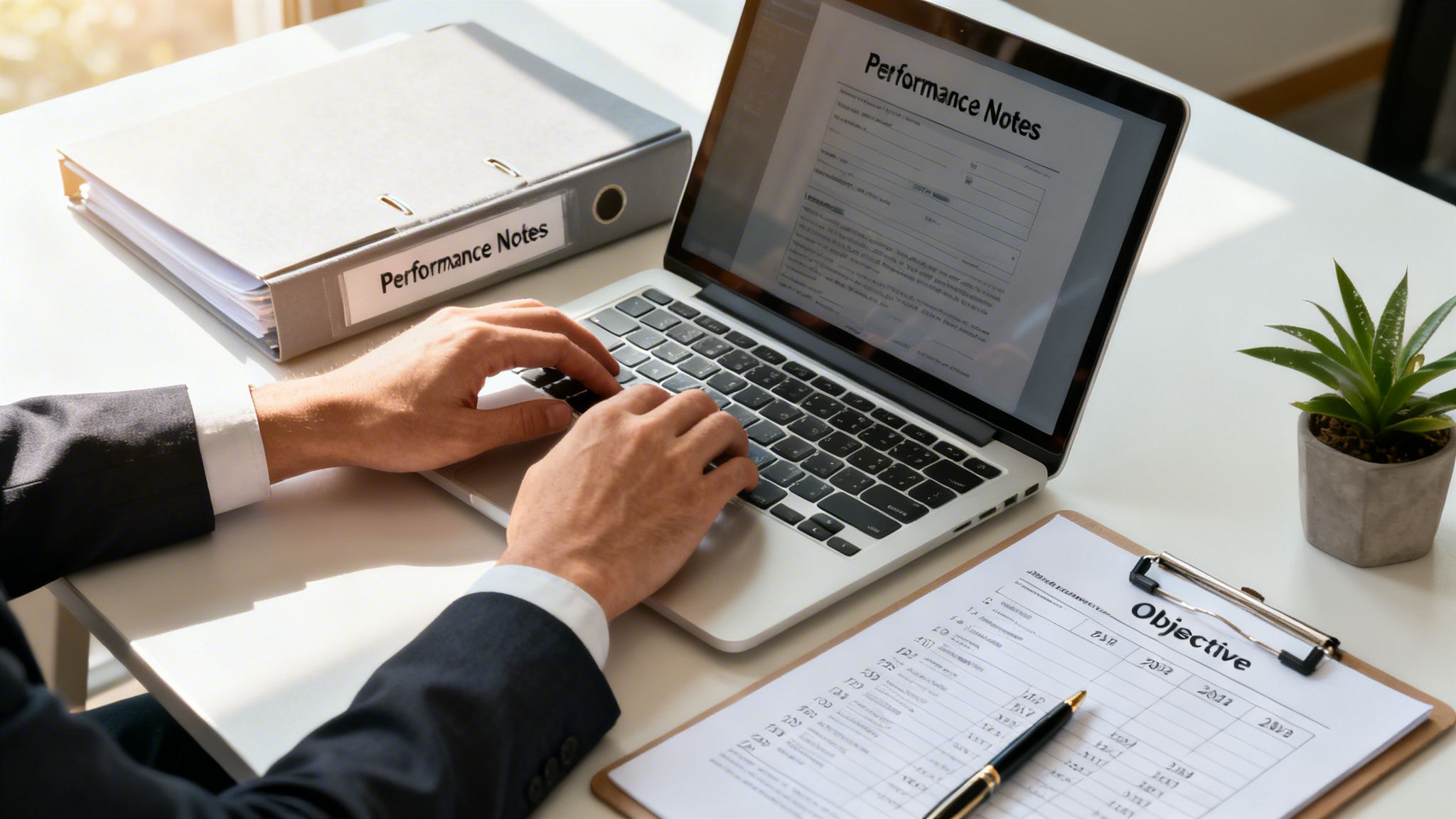 Professional typing on a laptop, reviewing performance notes and objectives in an office setting.