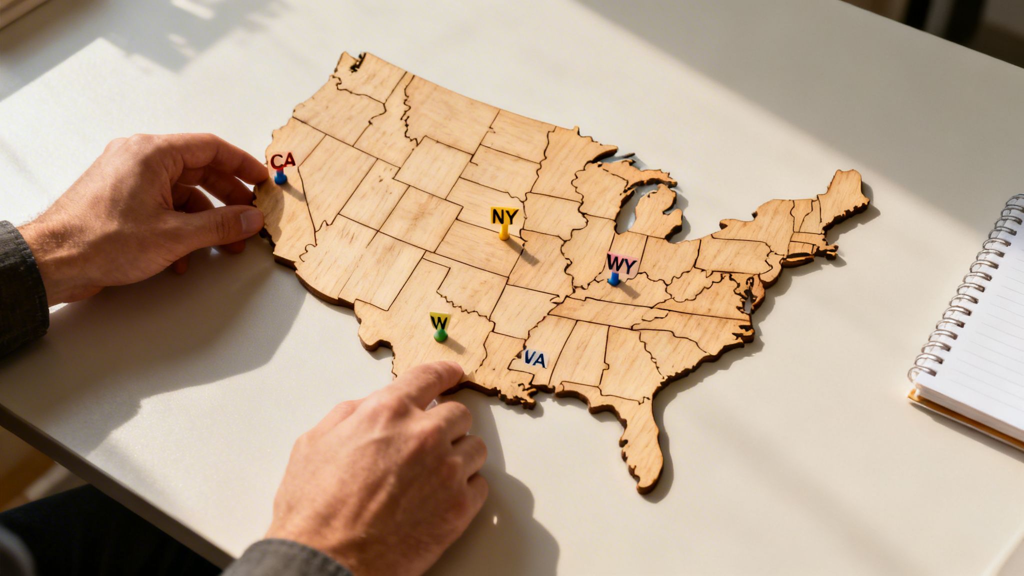 Close-up of hands placing pins with state abbreviations on a wooden USA map.