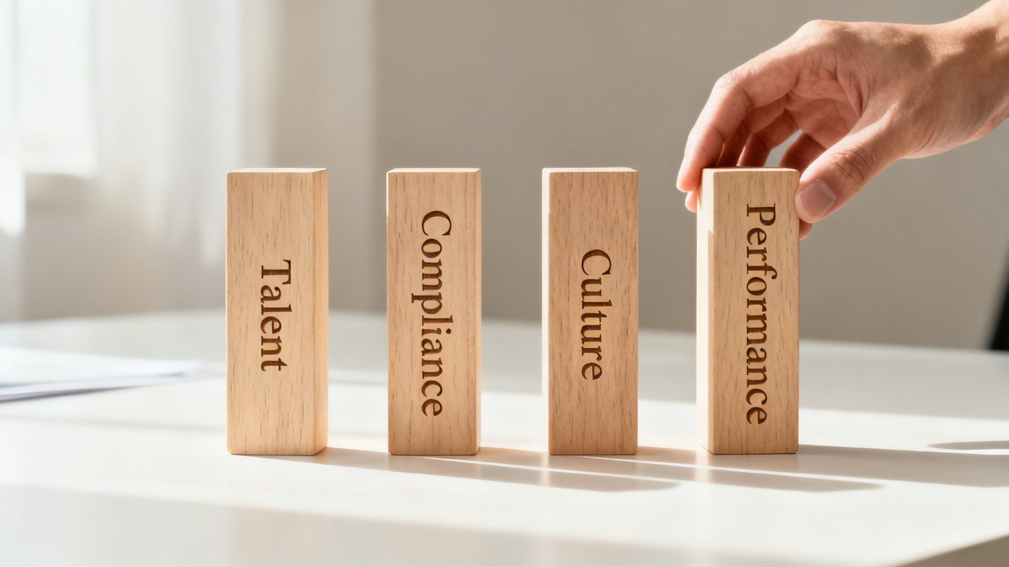 Hand placing a 'Performance' block next to 'Talent', 'Compliance', and 'Culture' wooden blocks.