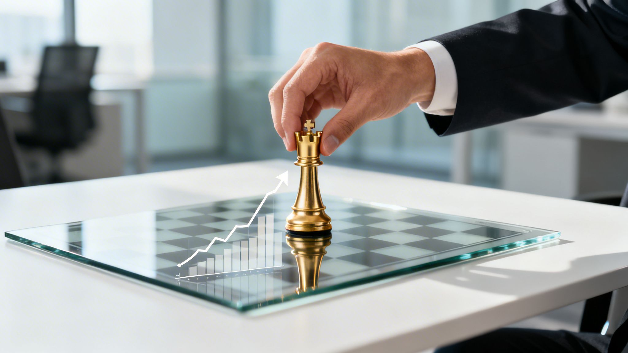 A hand moves a golden king chess piece on a glass board with an upward graph, symbolizing strategic business growth.
