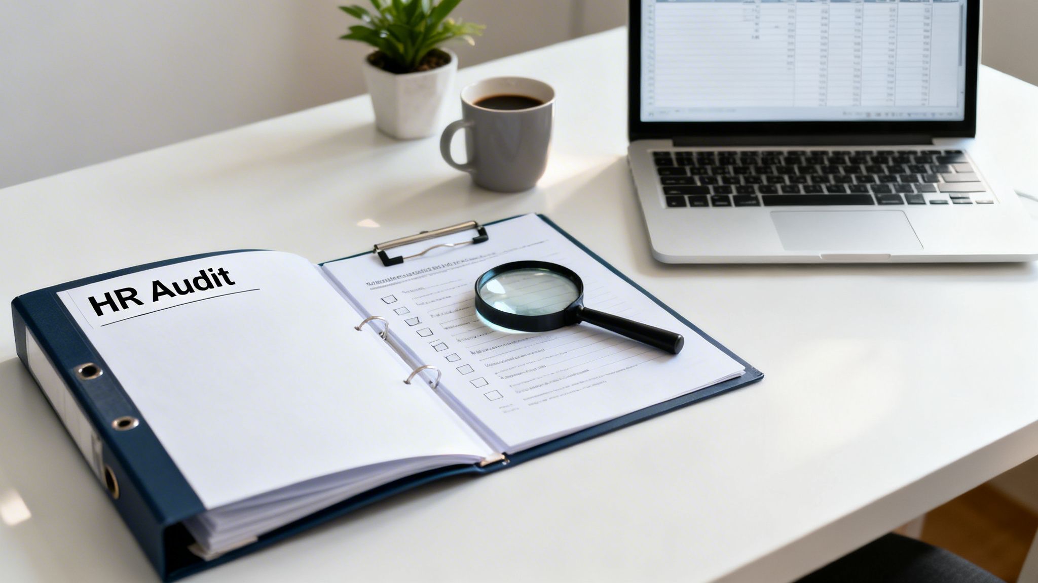 Desk setup with an open 'HR Audit' binder, a checklist, magnifying glass, and laptop, indicating a human resources review.