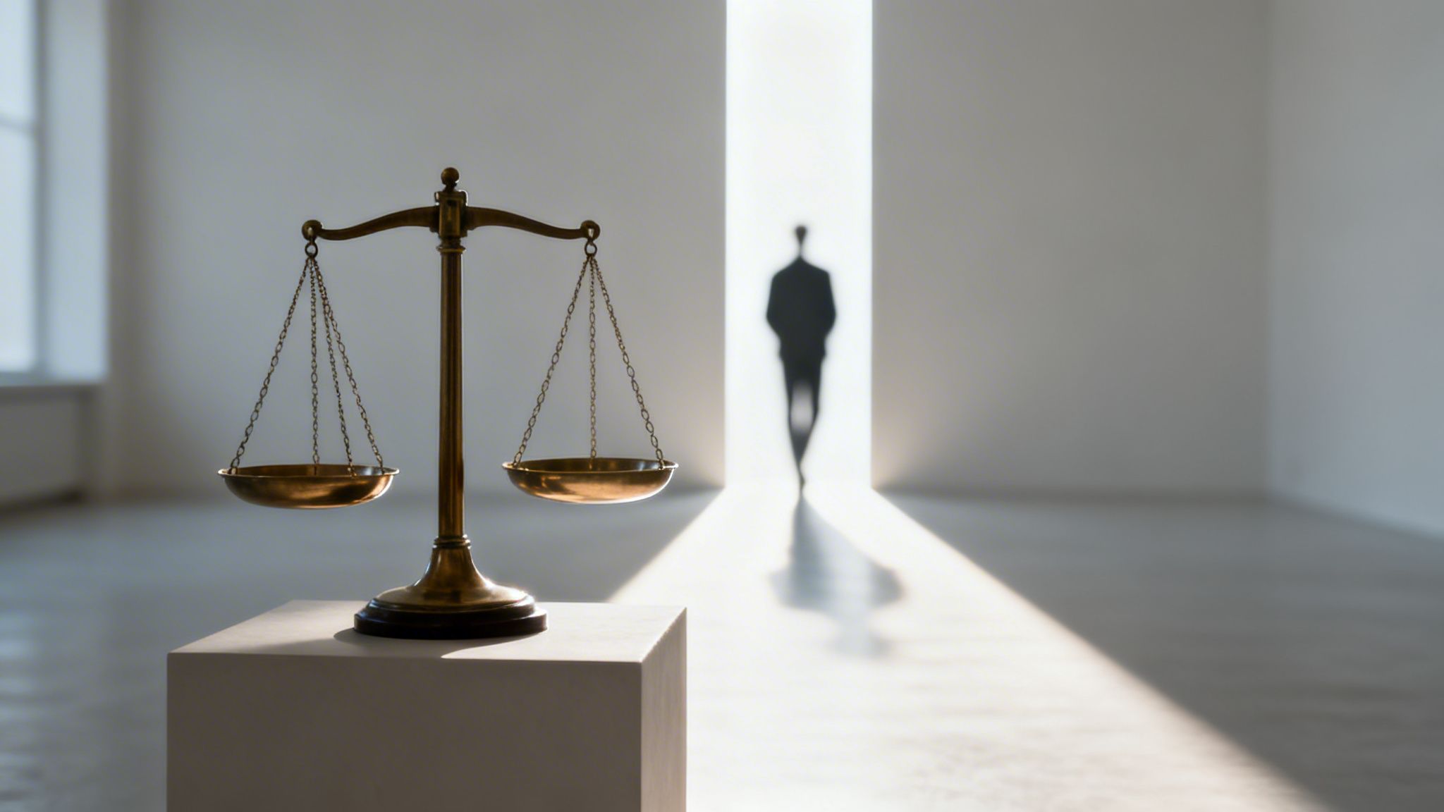 Golden scales of justice on a pedestal in a bright room with a person's silhouette walking towards a bright exit.