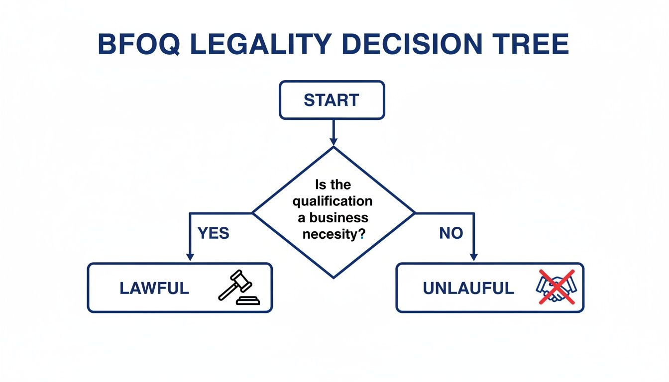 Flowchart explaining BFOQ legality: lawful if business necessity, unlawful if not.