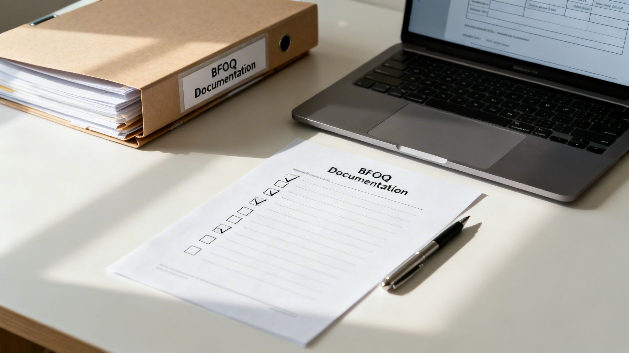 A desk with a BFOQ Documentation binder, laptop, checklist, and pen for compliance.