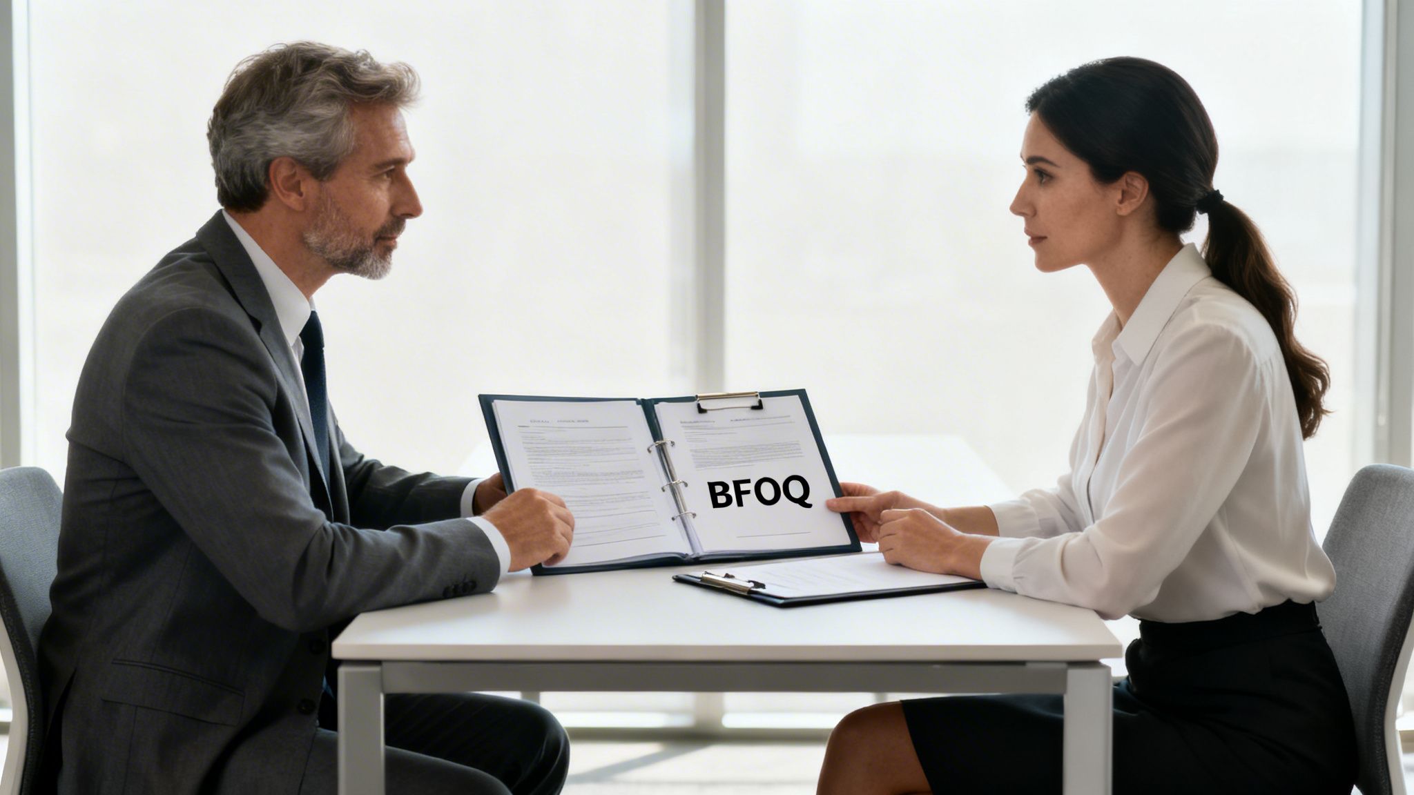 Two business professionals review a document titled "BFOQ" during a discussion at an office table.