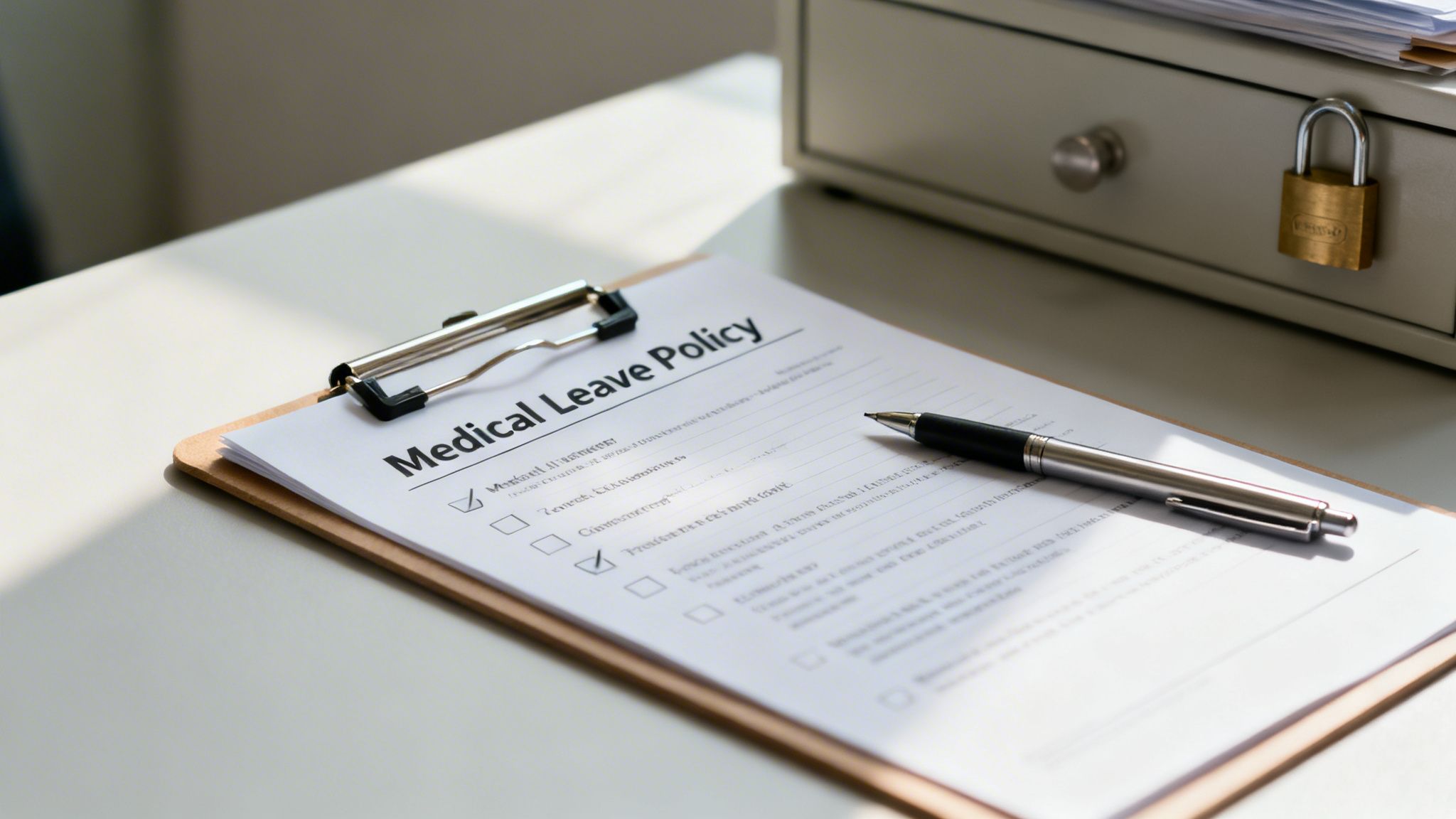 A Medical Leave Policy form on a clipboard with a pen, next to a secured file cabinet.
