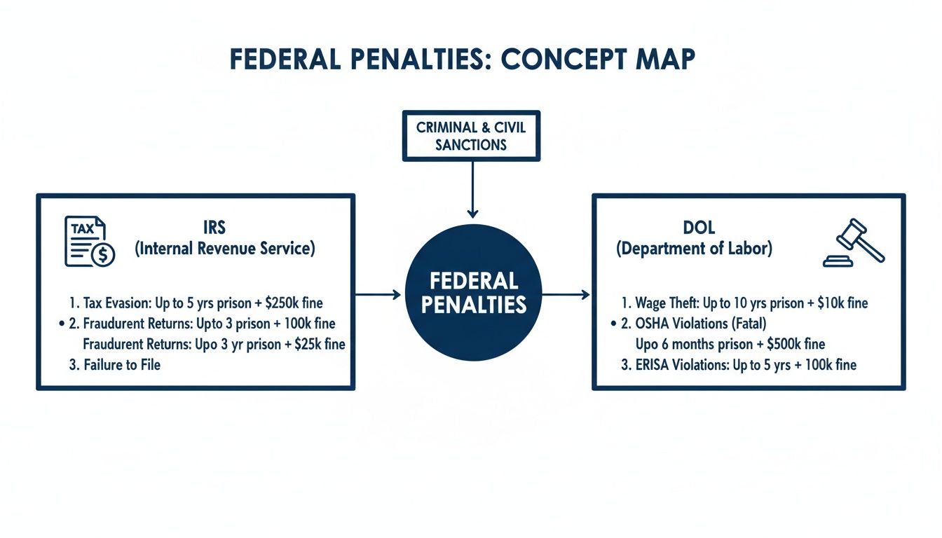 Concept map illustrating federal penalties for IRS and DOL violations, including criminal and civil sanctions.