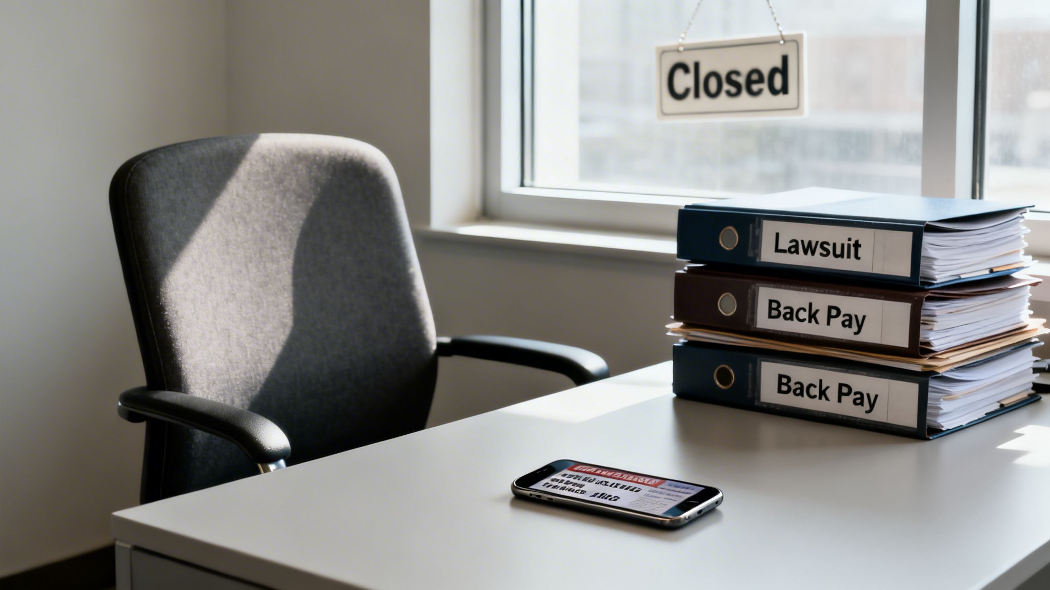 An office desk with a 'Closed' sign, binders labeled 'Lawsuit' and 'Back Pay', and a smartphone.