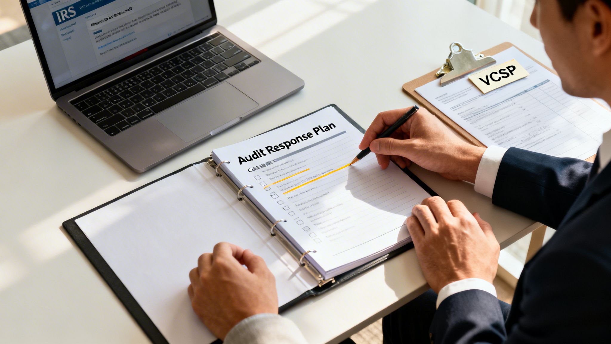 Man in a suit reviews an 'Audit Response Plan' document with an IRS website on a laptop.