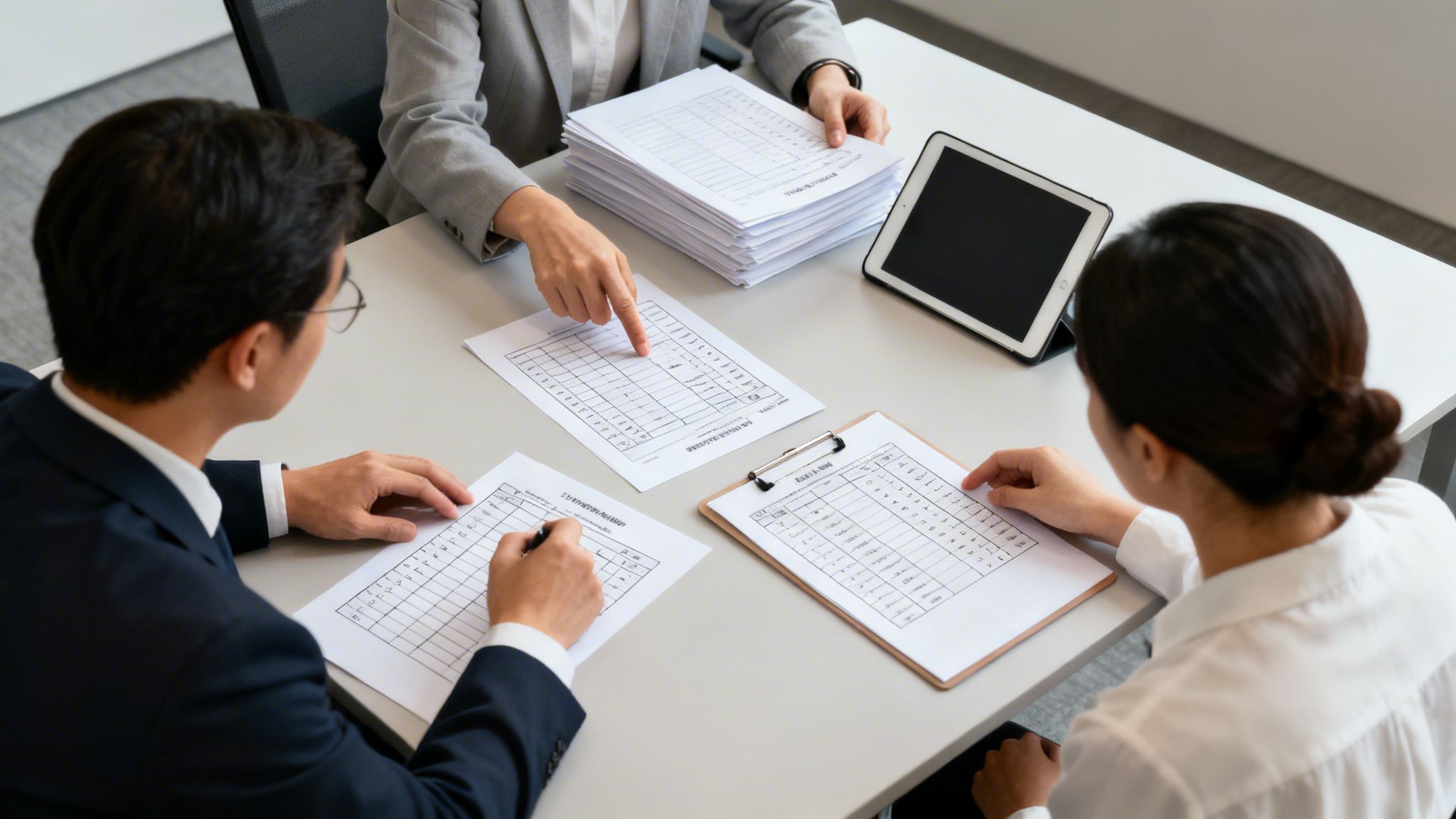 Three professionals review documents with grids and a tablet during a business meeting or assessment.