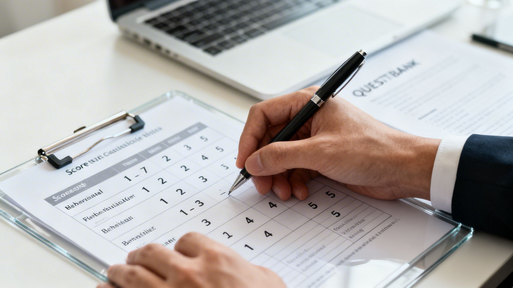 A person in a suit writes on a score sheet, with a laptop and 'QUESTBANK' document nearby.