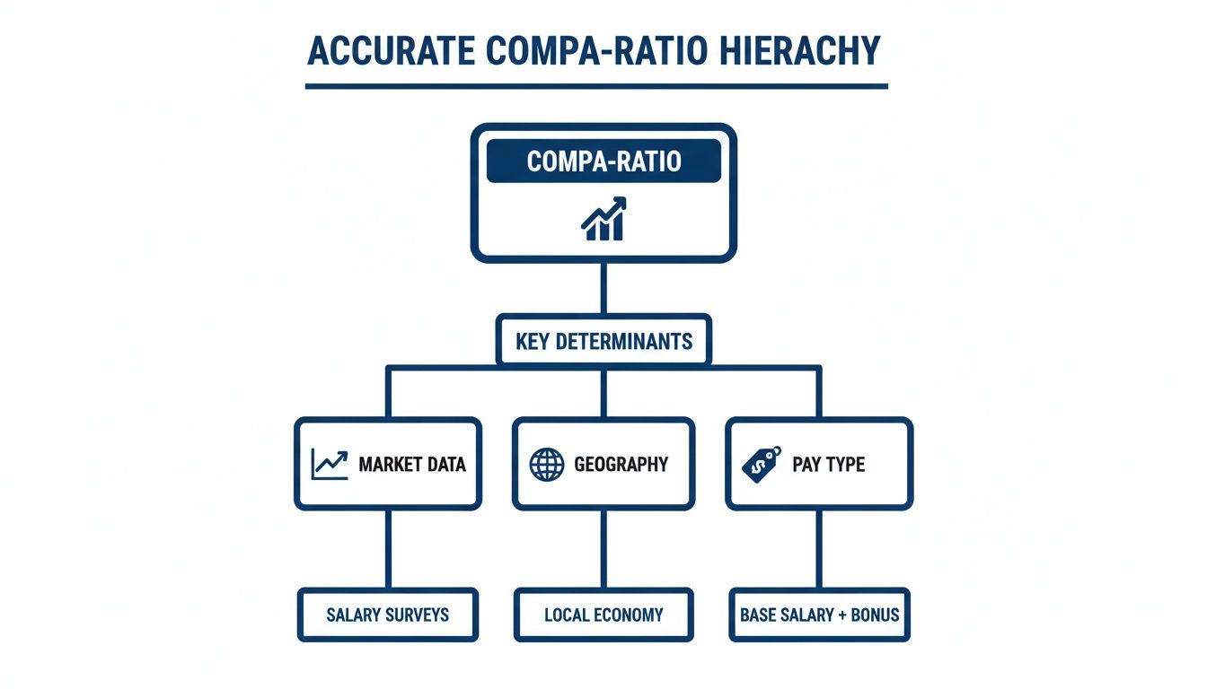 A hierarchy chart titled 'Accurate Compa-Ratio Hierarchy' showing key determinants.