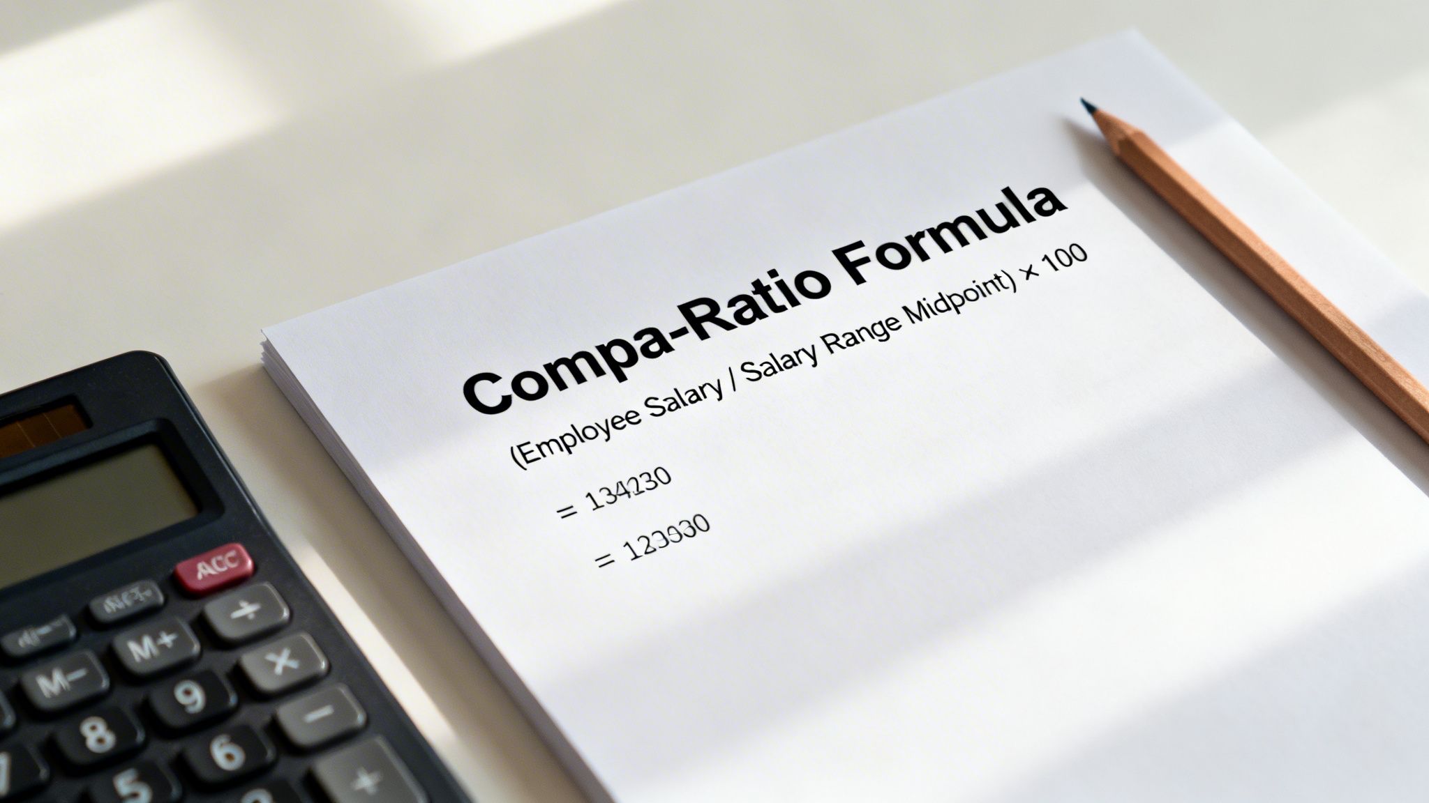 Compa-Ratio Formula written on paper with calculation details, a calculator, and a pencil.