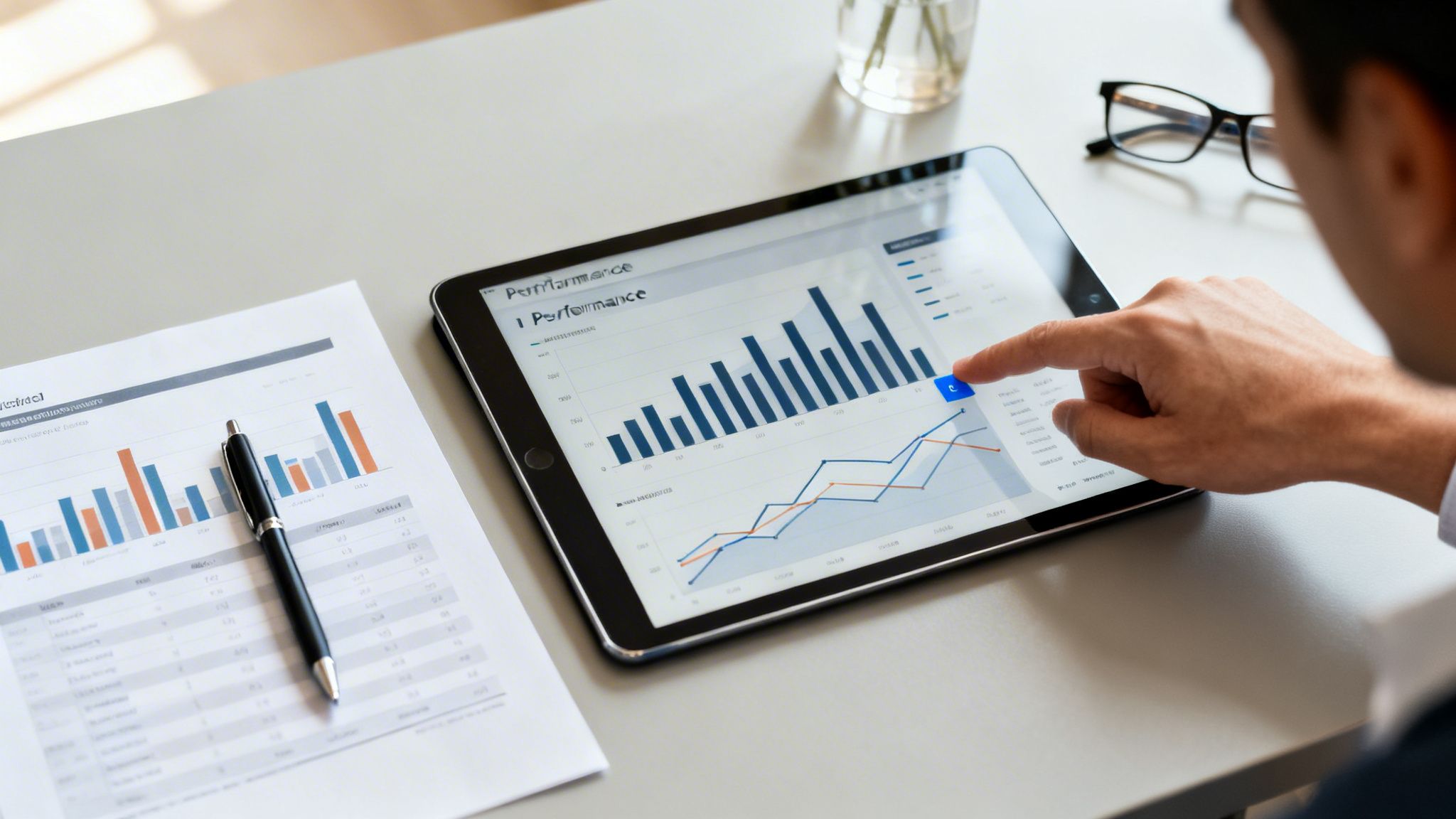 A person's hand interacts with a tablet showing performance charts, alongside a document and pen.