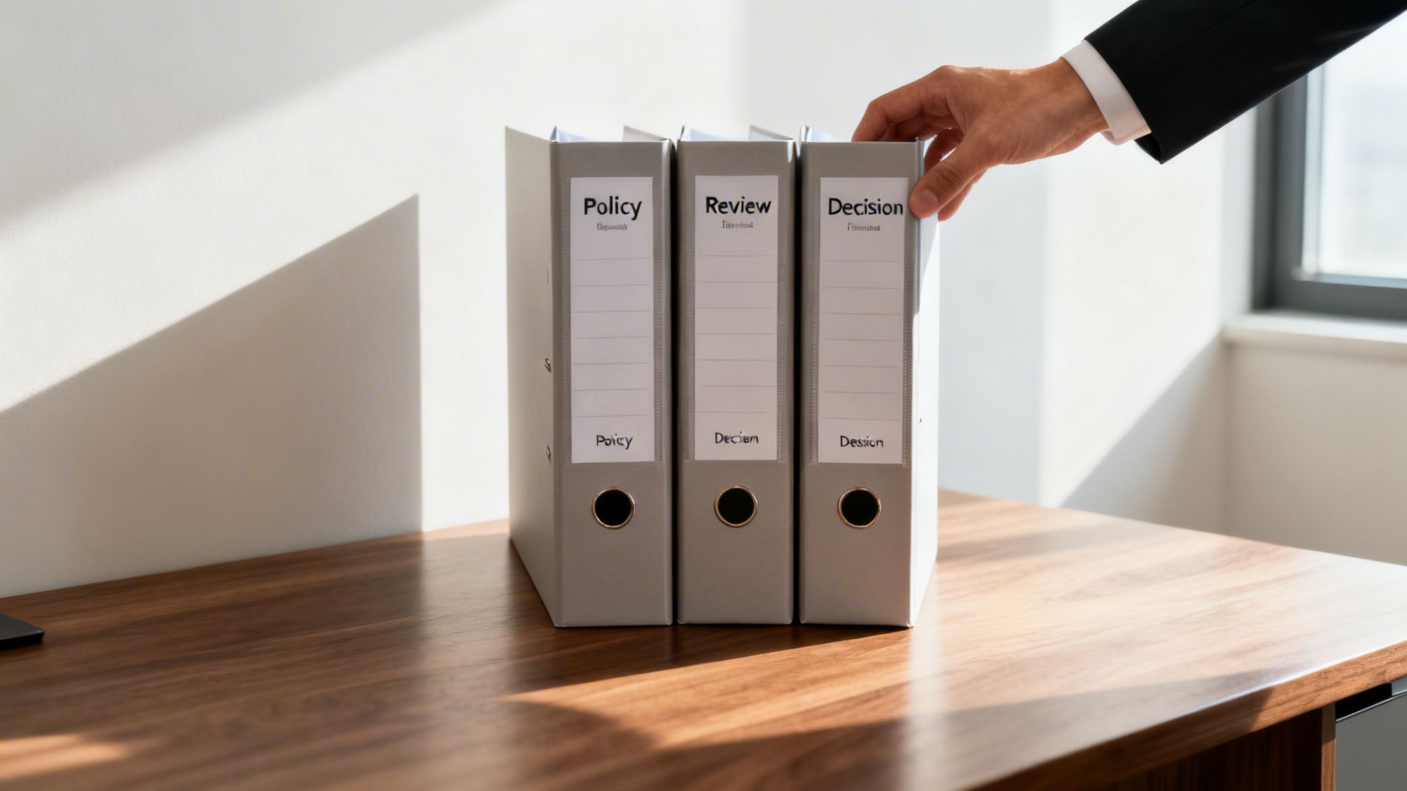 Businessman's hand reaching for a binder labeled 'Decision' among other office files.