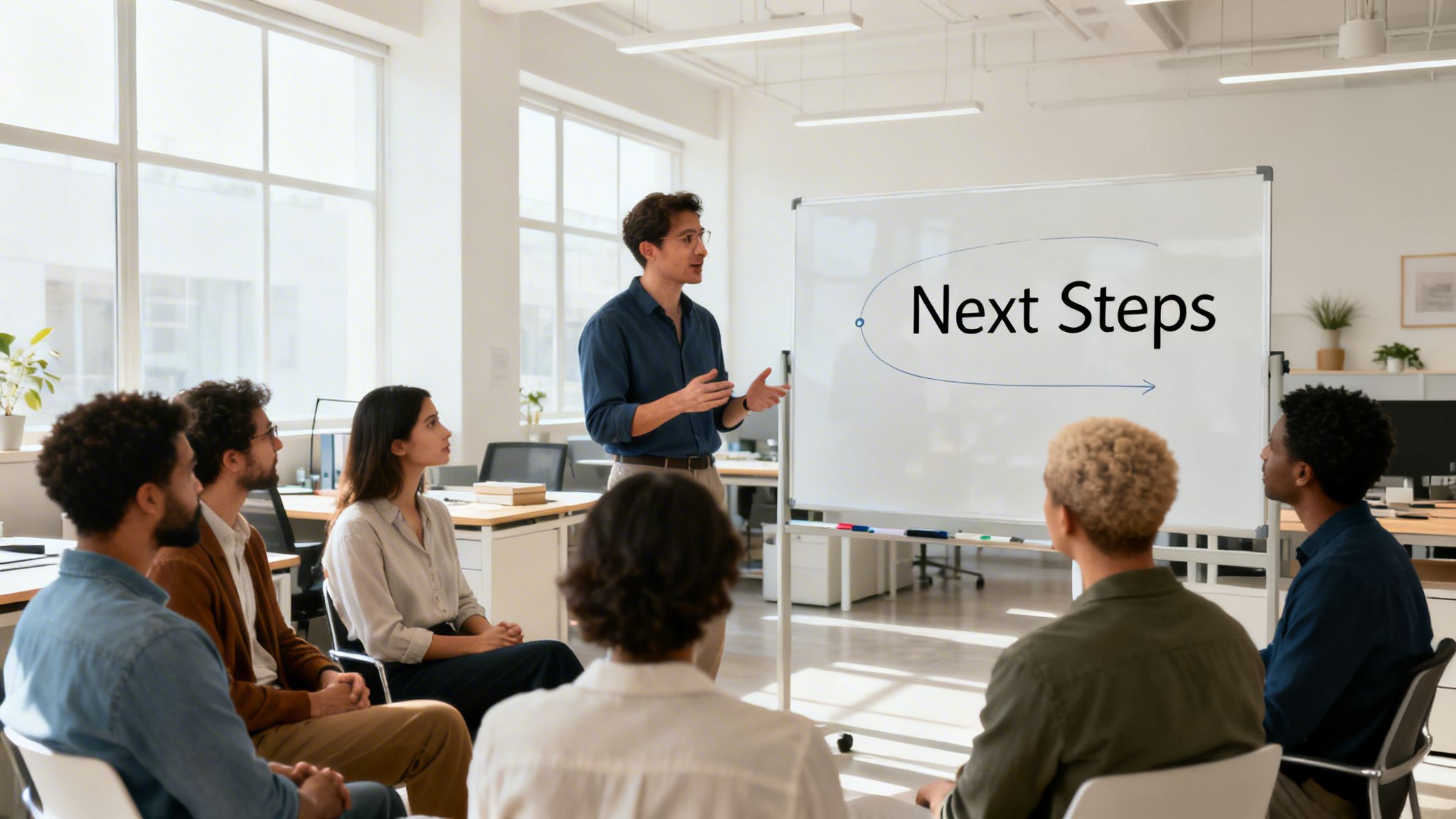 A man presents 'Next Steps' on a whiteboard to a diverse group of attentive colleagues in an office.