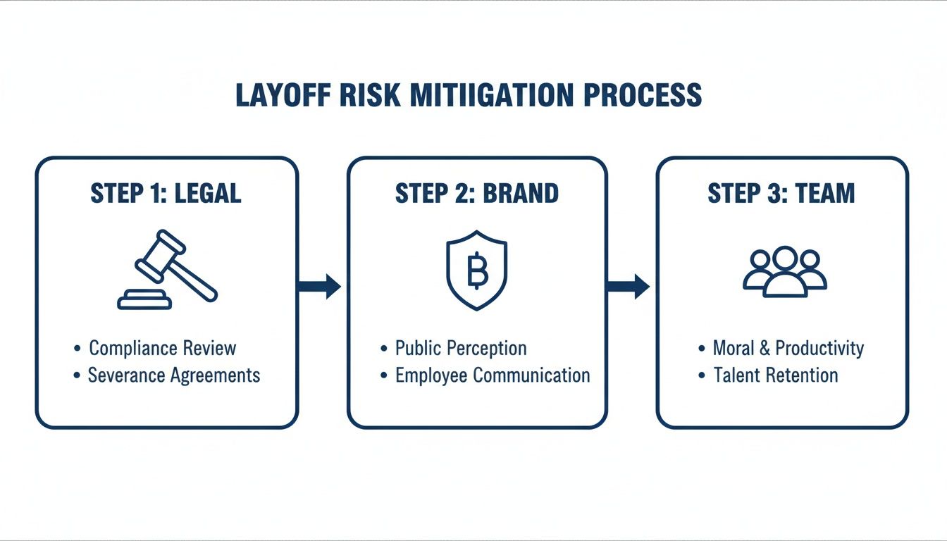 Infographic showing a three-step layoff risk mitigation process: Legal, Brand, and Team considerations.