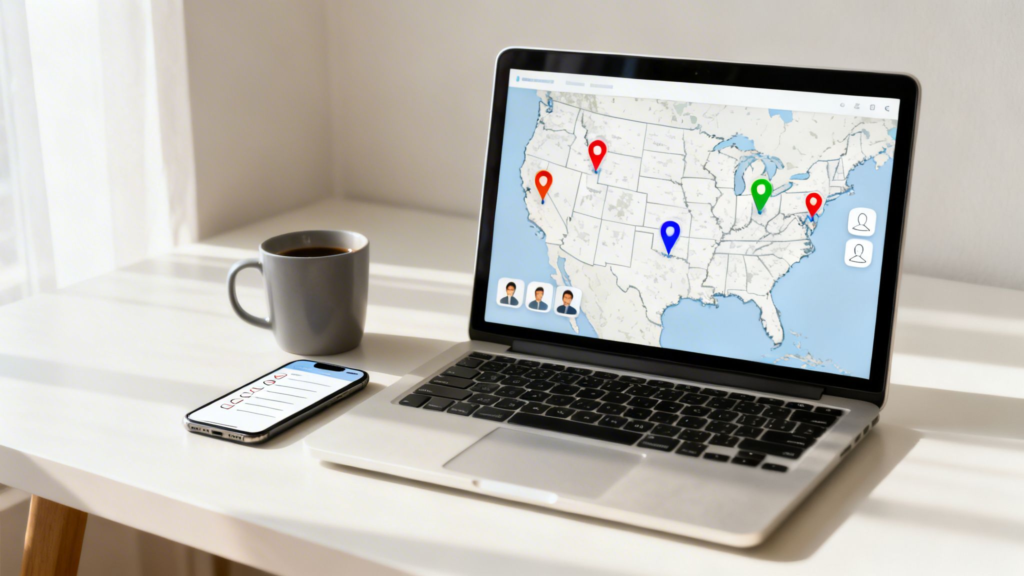 A laptop displaying a US map with pins, a smartphone showing a checklist, and a coffee mug on a white desk.