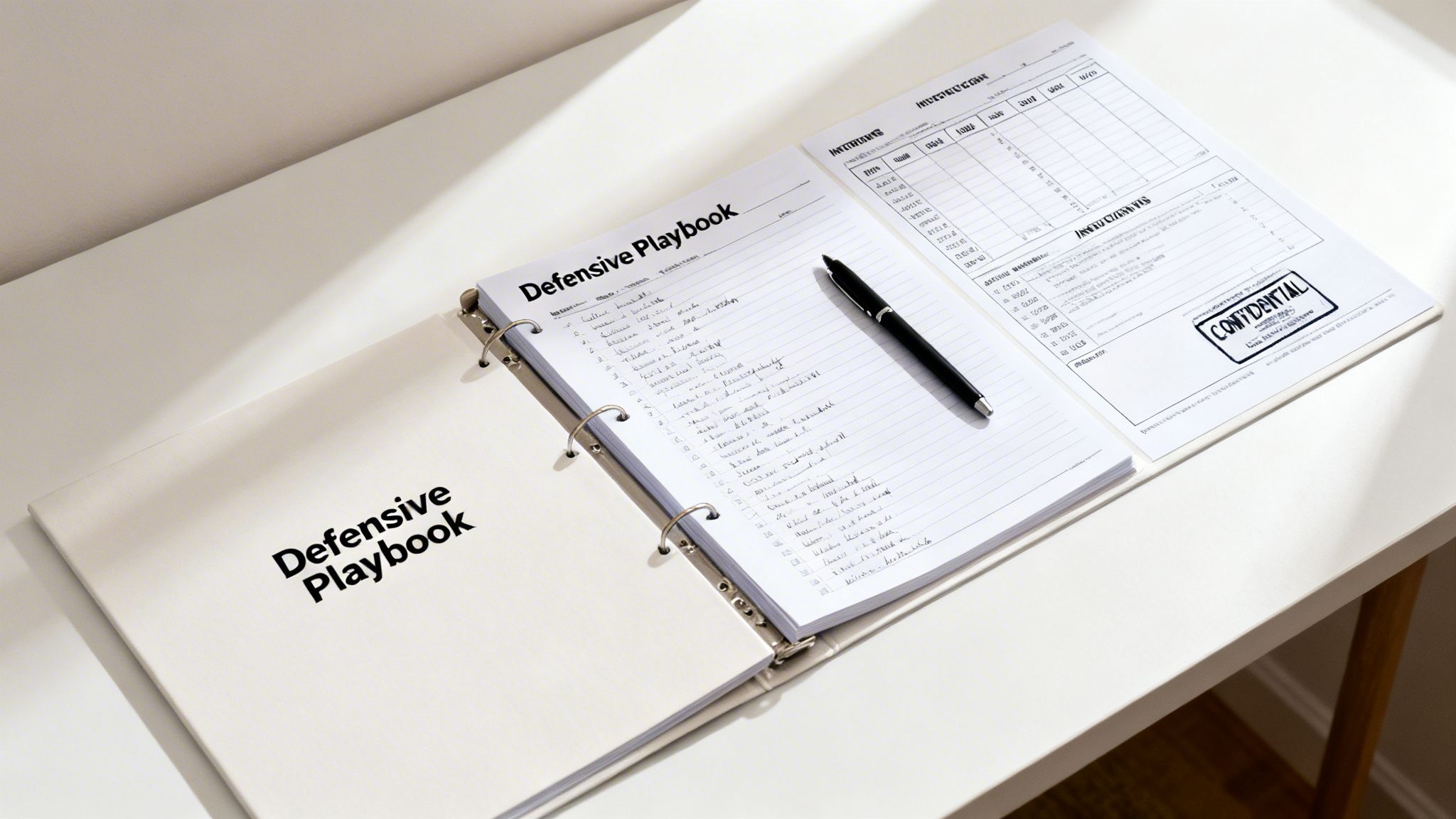 An open 'Defensive Playbook' binder with handwritten notes, a pen, and a confidential document on a desk.