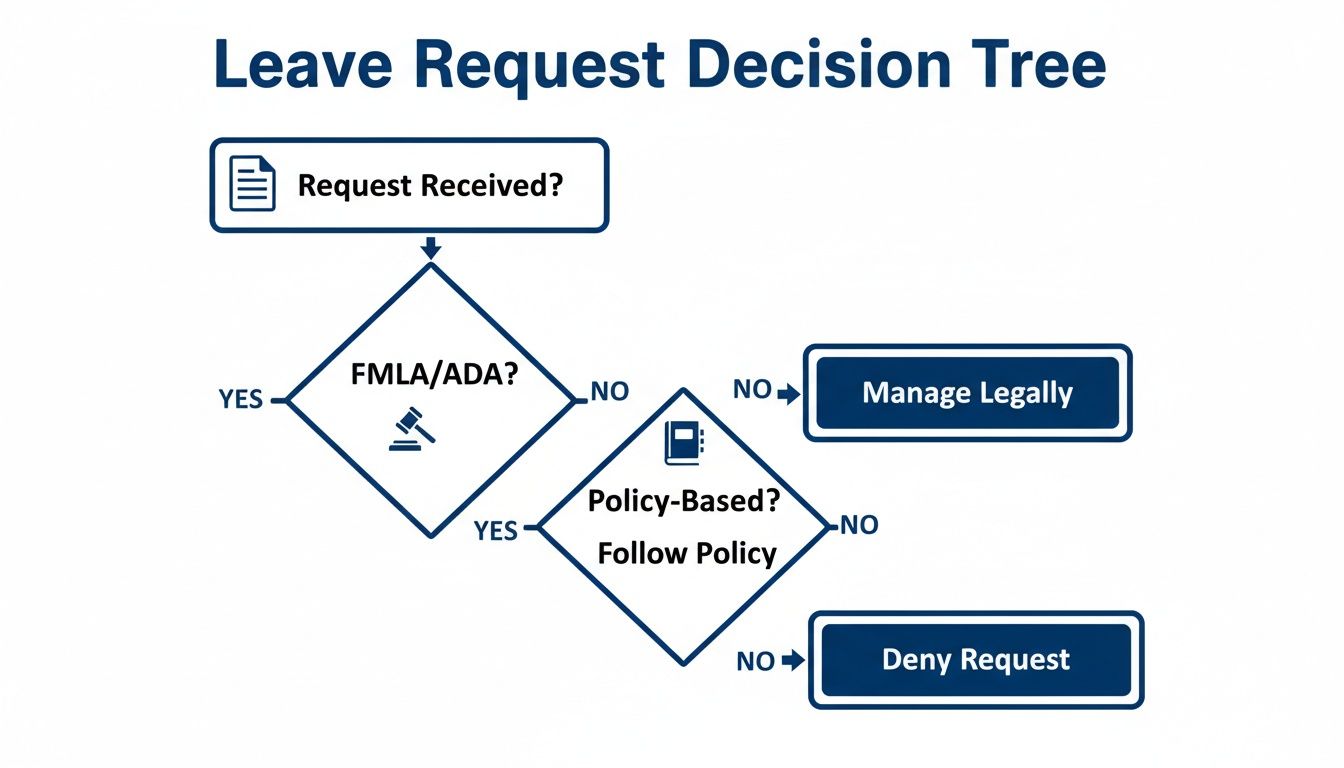 Flowchart showing a leave request decision tree, evaluating FMLA/ADA and policy criteria for approval.