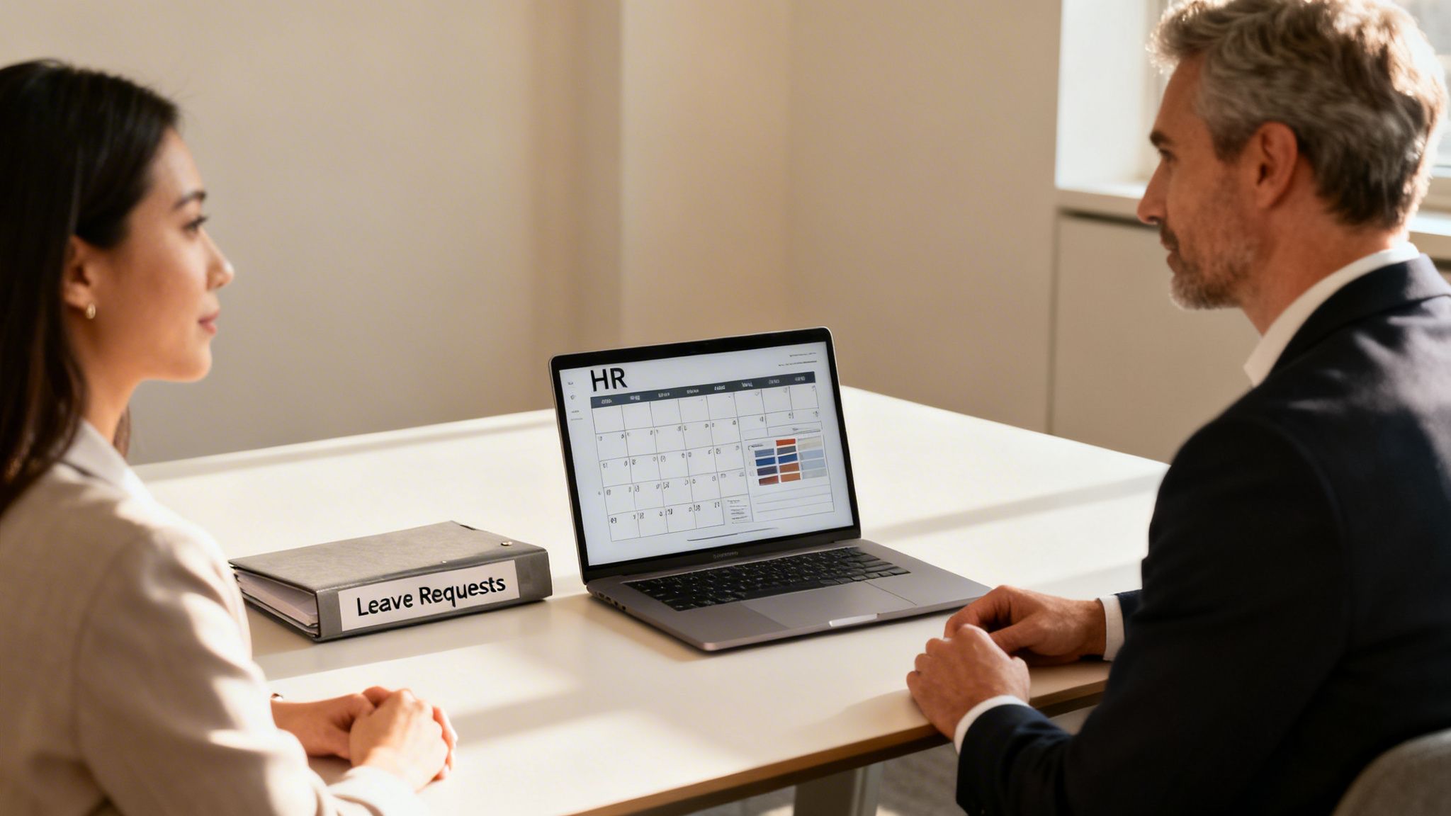 Two professionals review 'Leave Requests' binder and HR calendar on a laptop, discussing work policies.