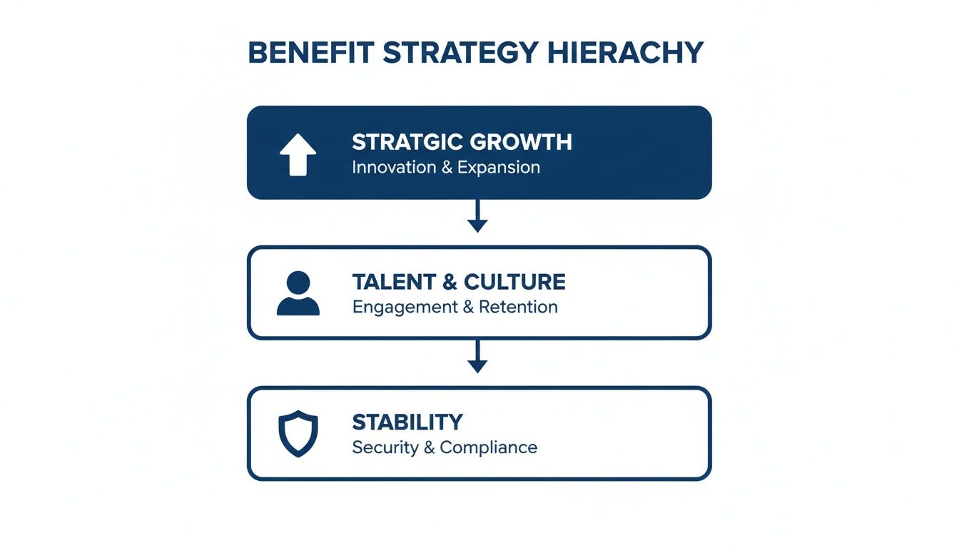 A hierarchy diagram illustrating a benefit strategy with levels for strategic growth, talent, and stability.