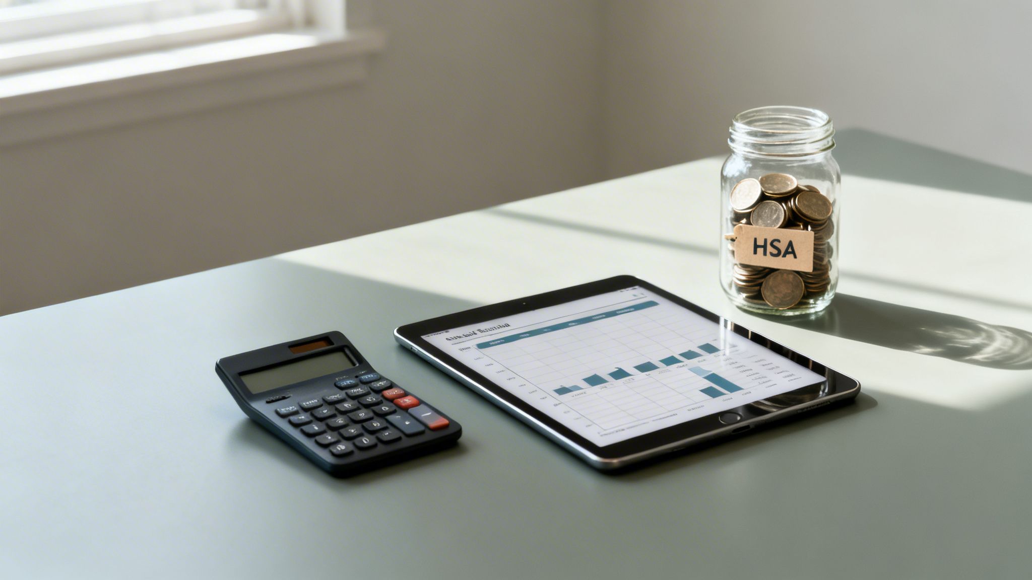 A calculator, a tablet displaying financial data, and a jar of coins labeled HSA on a desk.