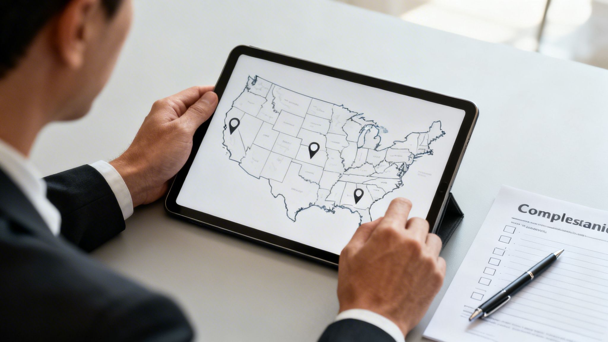 A person in a business suit views a US map on a tablet, displaying several location pins.