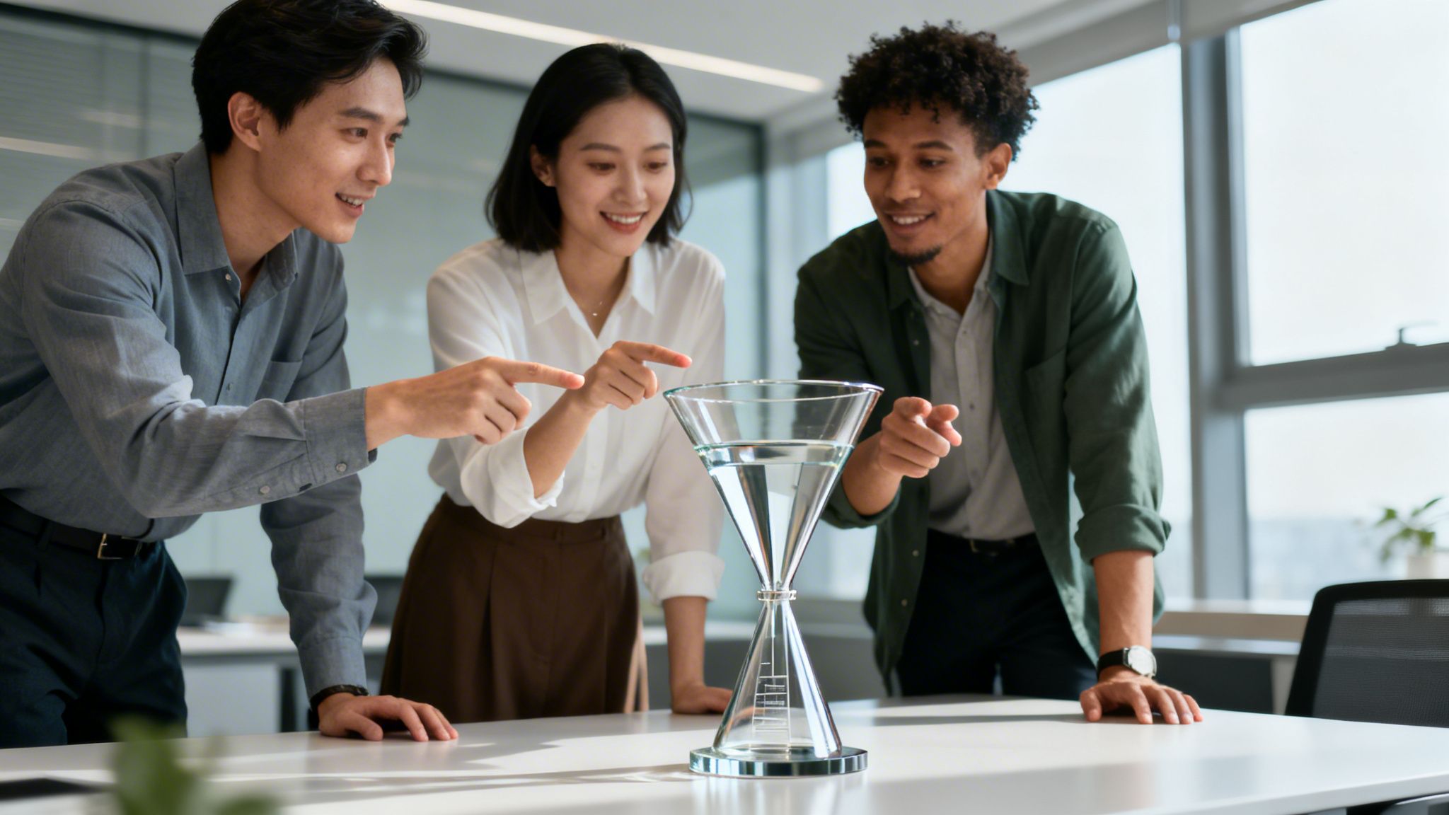 Three diverse professionals in a bright modern office pointing at a unique glass water timer with curiosity.
