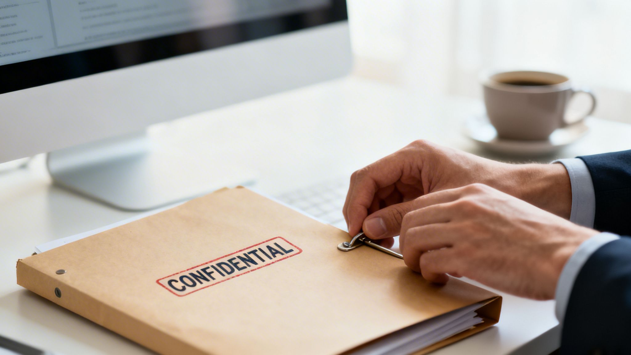 A person in a business suit handles a brown folder stamped 'CONFIDENTIAL' at a desk with a computer and coffee.