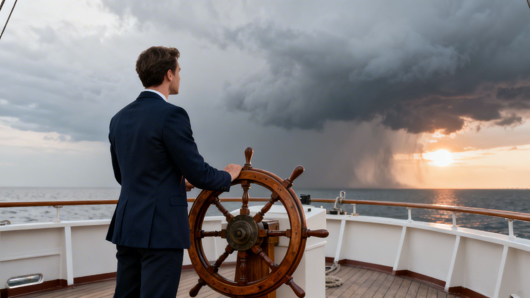 A man in a suit stands at a ship's helm, looking towards a stormy sunset.