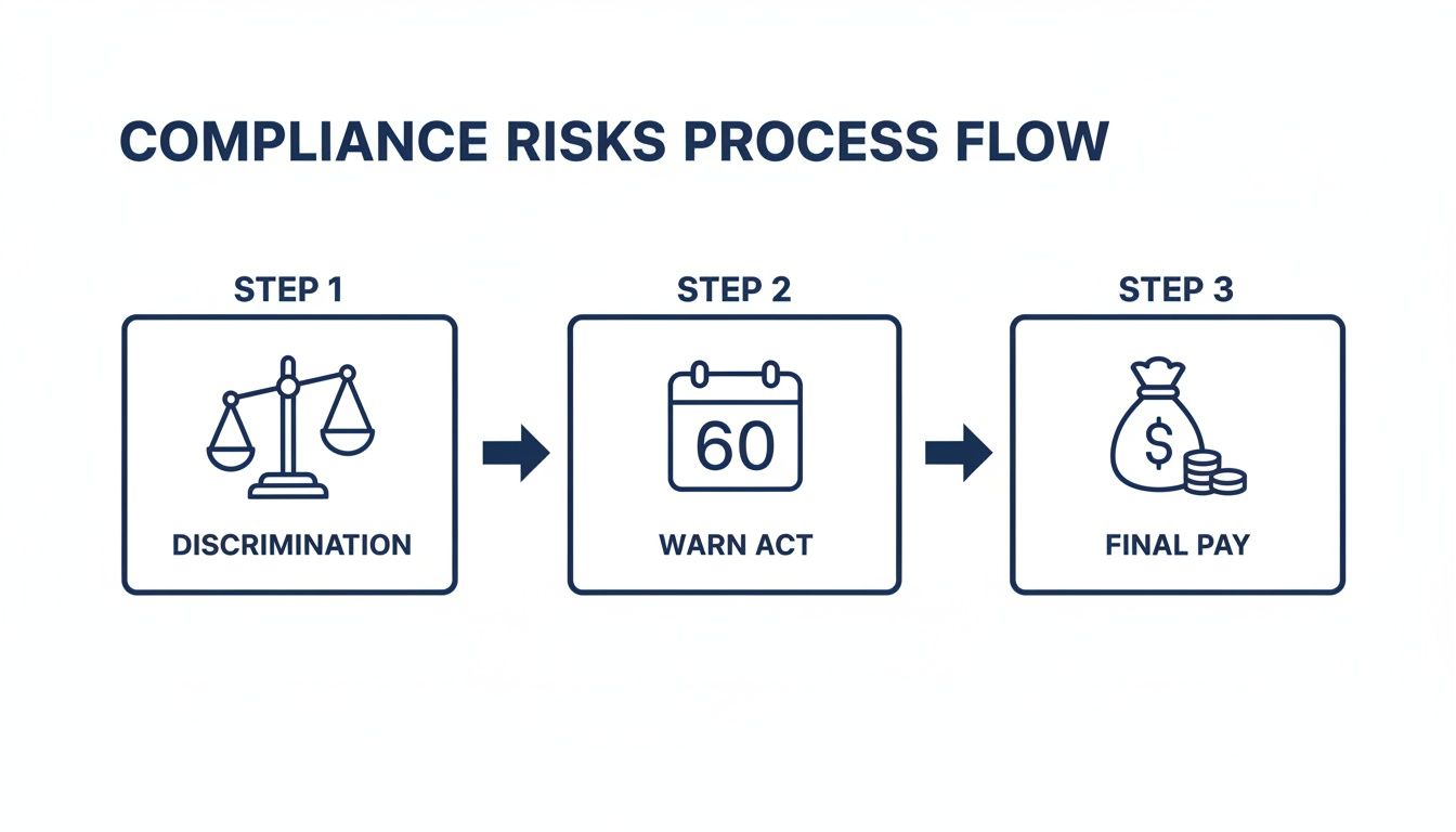 A compliance risks process flow diagram showing three steps: discrimination, WARN Act, and final pay.