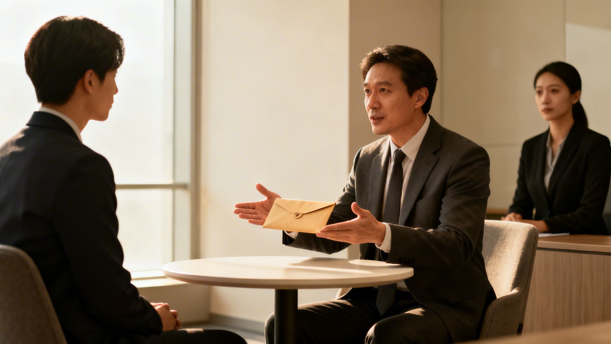 Two men in suits at a meeting table, one offering an envelope while a woman watches.