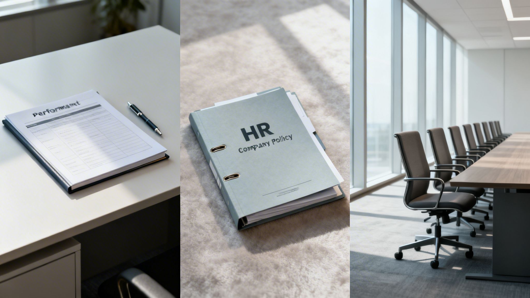 A triptych showing a performance review form, an HR Company Policy binder, and an empty modern conference room.