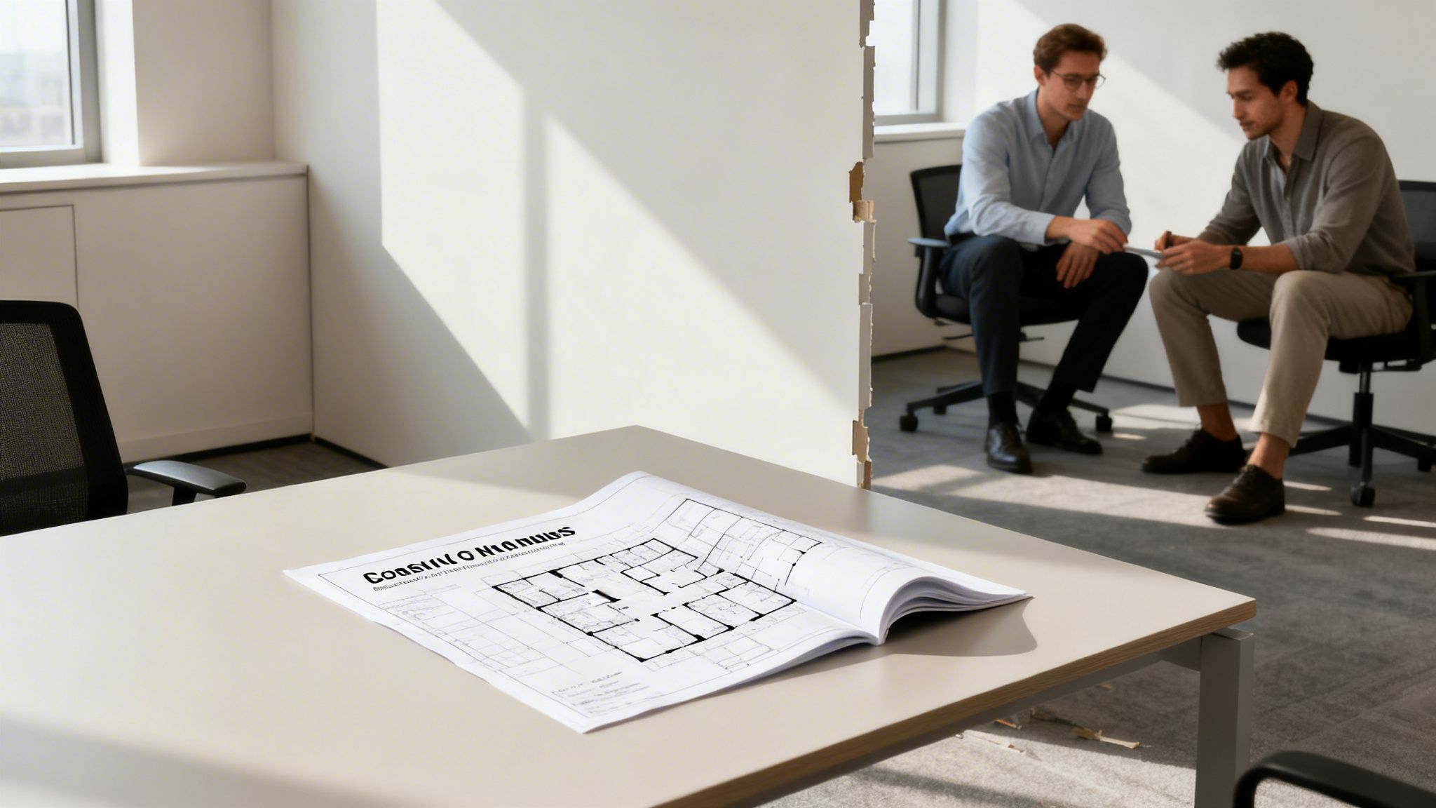 A table with architectural blueprints in an office, two men discussing in the background.