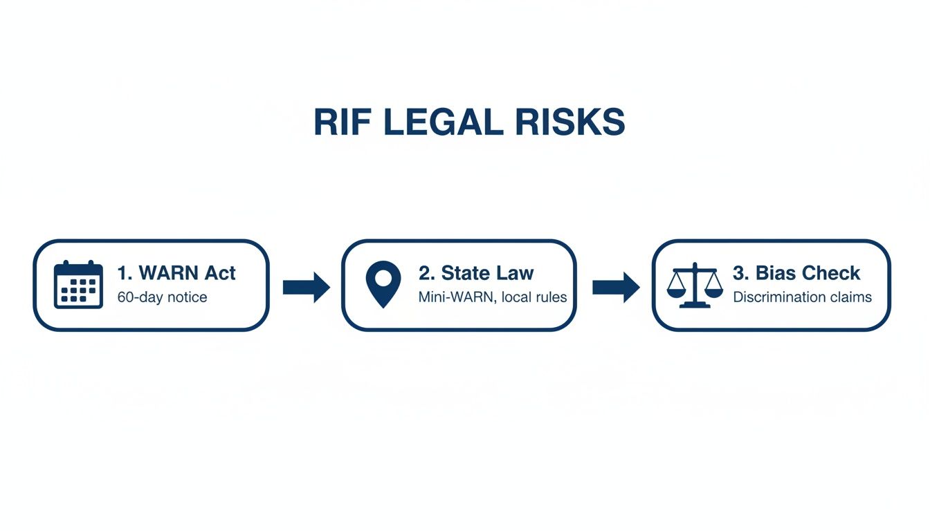 Flowchart detailing RIF legal risks, including WARN Act, State Law, and Bias Check, with corresponding icons.