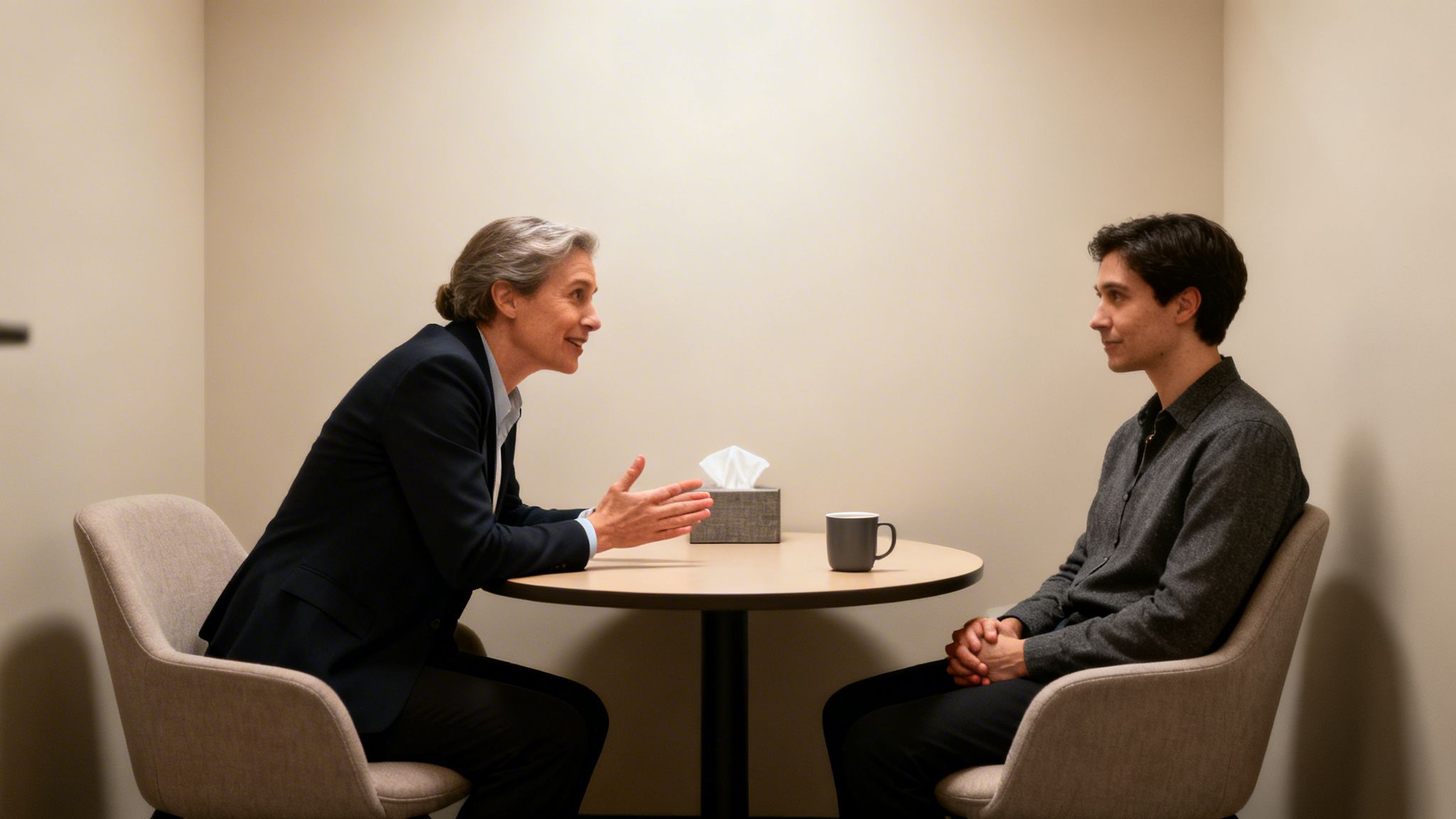 A woman speaks to a man across a table, possibly in a counseling or interview setting.