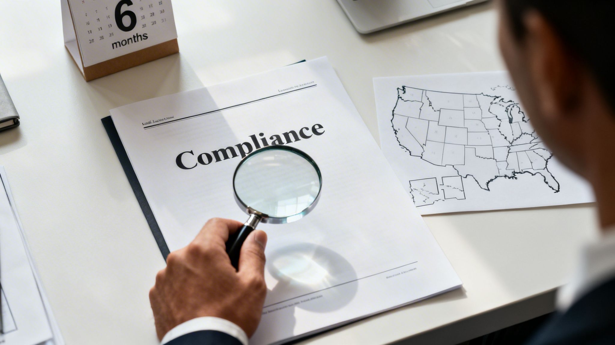 A person's hand holds a magnifying glass over a document titled "Compliance" next to a US map and a "6 months" calendar.