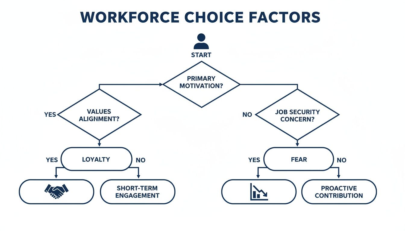 A flowchart illustrating workforce choice factors, detailing paths from primary motivation to engagement, loyalty, fear, or proactive contribution.