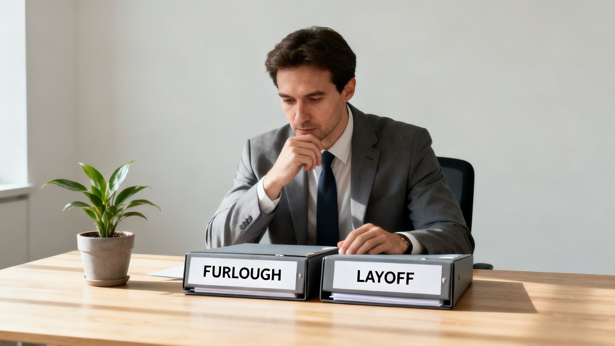 A thoughtful businessman sits at a desk, contemplating two folders labeled 'FURLOUGH' and 'LAYOFF'.